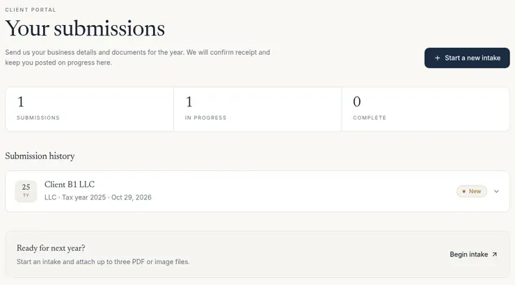 Base44 test portal signed in as a separate non-admin client: only that client's own intake is listed
