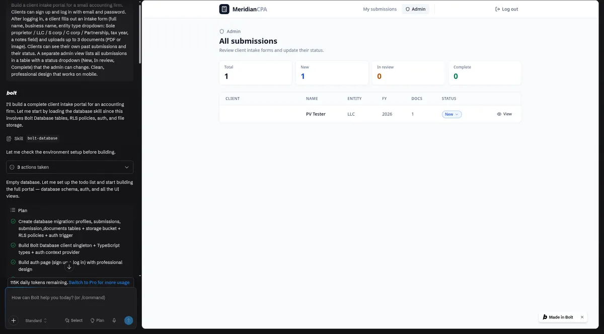 Bolt.new on the Free plan: admin view of the client intake portal test app, with the daily tokens remaining shown under the chat