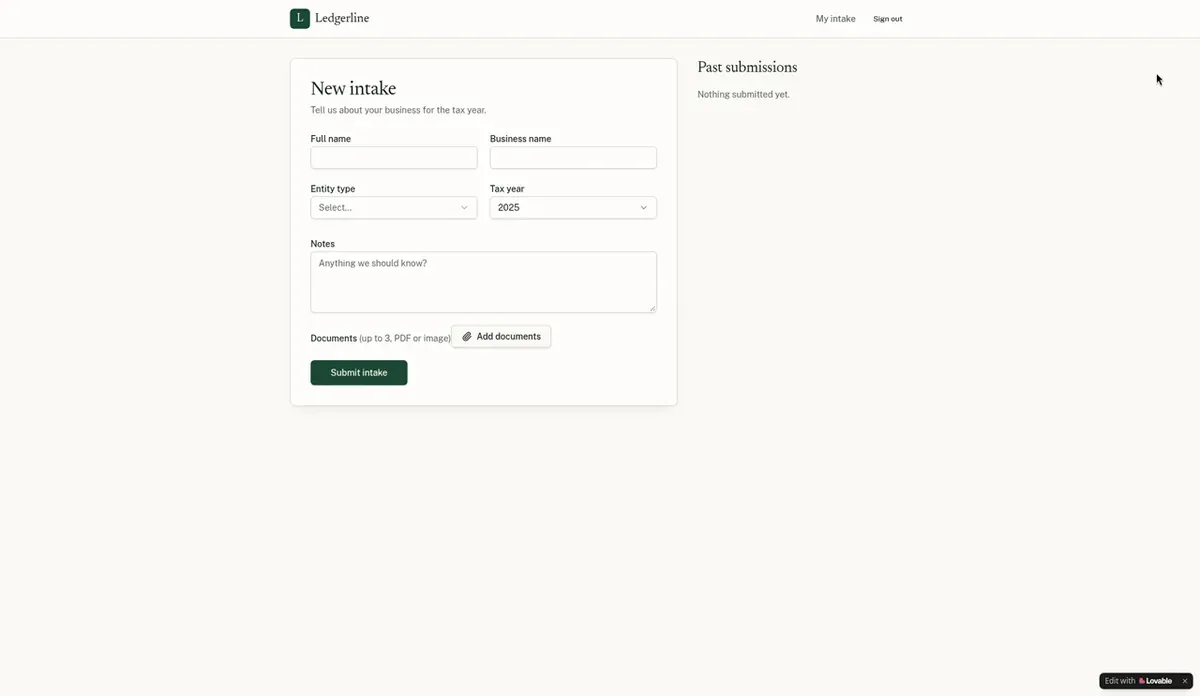 Lovable test portal signed in as a separate non-admin client: intake form, no Admin link