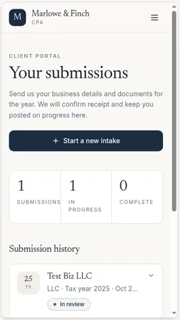 Base44-built client portal on its phone-width preview (about 373px), showing a client's submissions (test data)