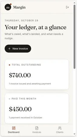 Base44 invoice tracker test app on its phone-width preview with outstanding and paid-this-month totals
