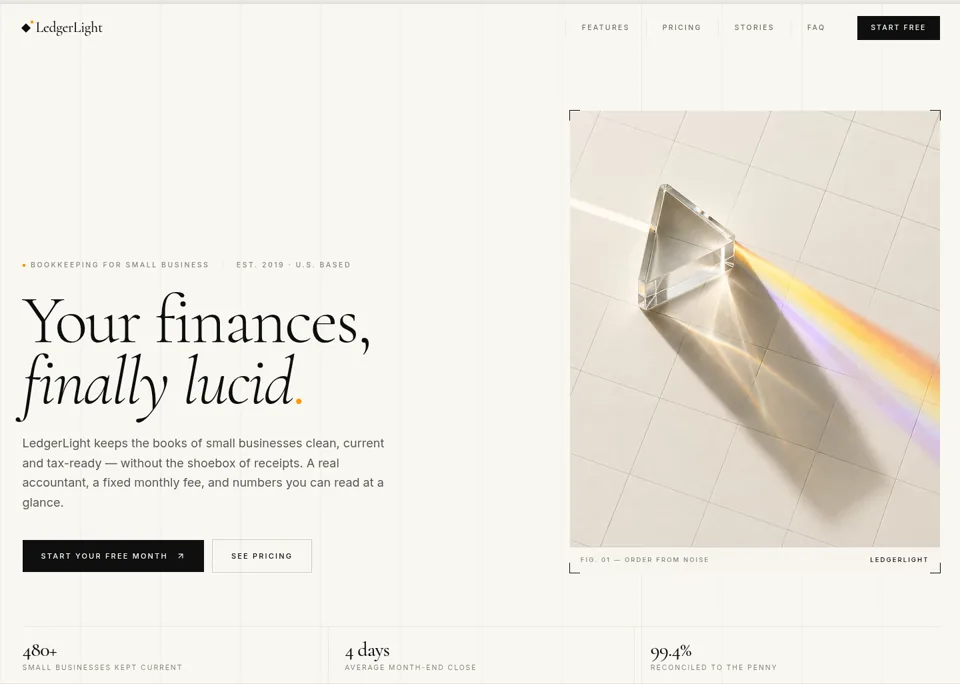 LedgerLight landing page generated by Base44 from our standard prompt (desktop view; stats are AI placeholder copy)