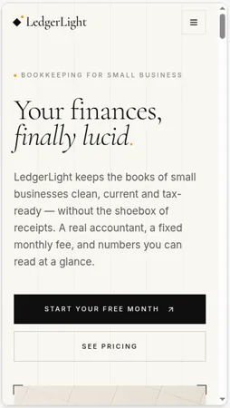LedgerLight landing page built in Base44 on its phone-width preview