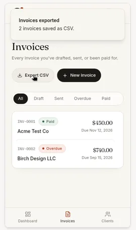 Base44 invoice tracker at phone width after clicking Export CSV, showing “2 invoices saved as CSV” (test data)