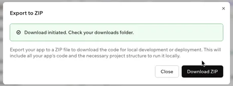 Base44 Export to ZIP dialog confirming the download started