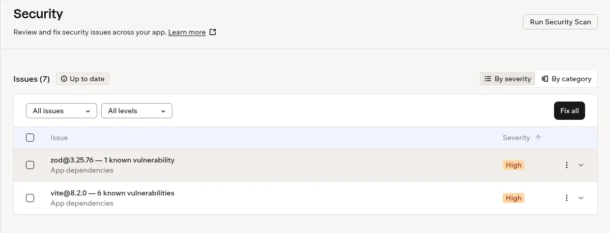 Base44 Security panel listing 7 high-severity dependency issues in zod and vite with a Fix all button