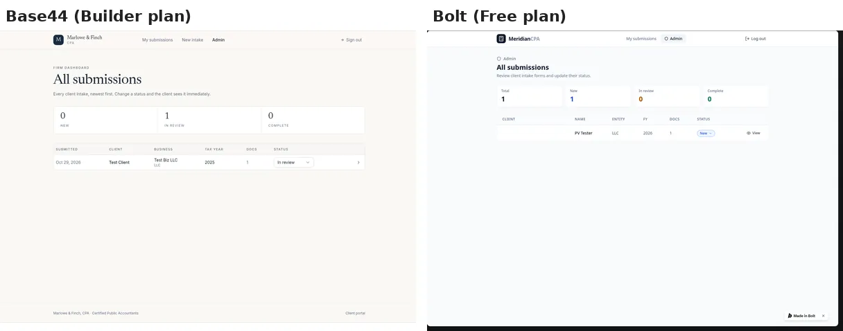 Base44 vs Bolt client intake portal test: admin views side by side, Base44 on the left and Bolt on the right (test data)