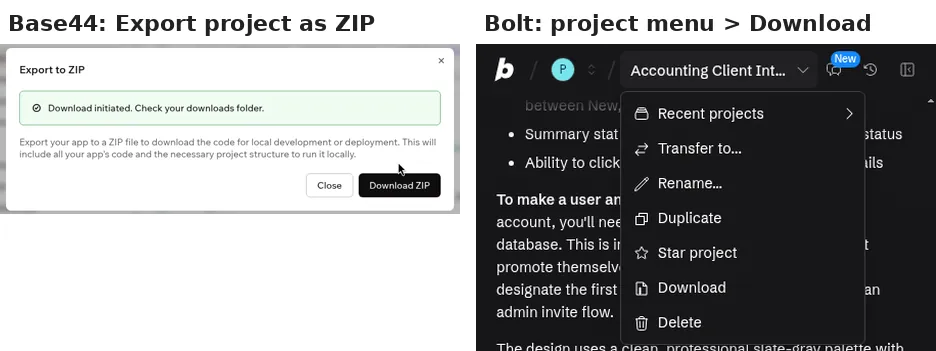 Base44 Export to ZIP dialog next to Bolt's project menu with the Download option
