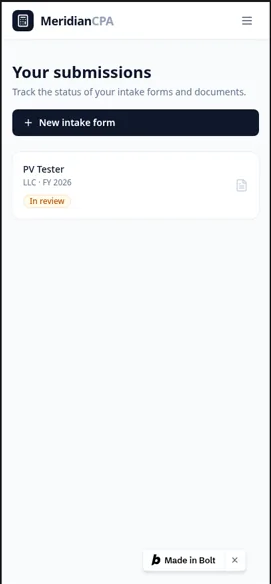 Client intake portal built with Bolt.new on a 402px iPhone preview, showing a client's submissions (test data)