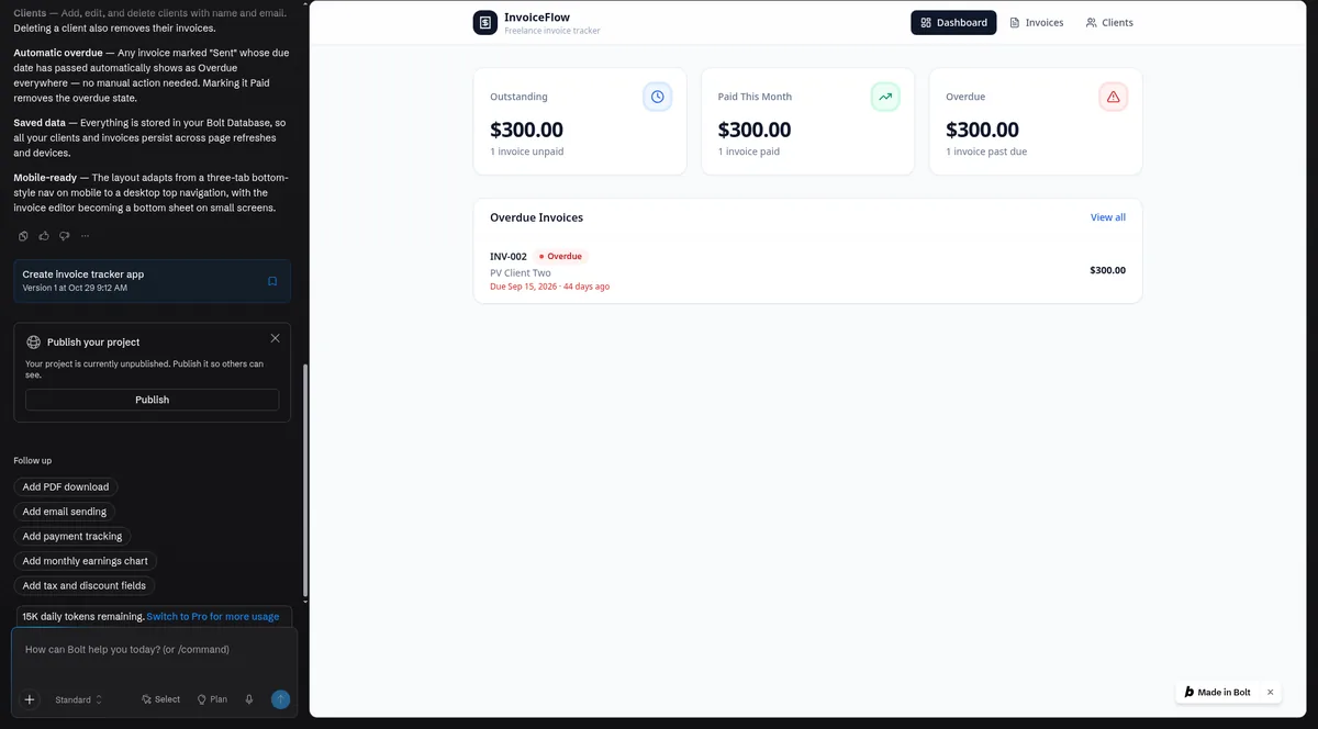 Bolt.new editor with the AI chat on the left and the invoice tracker test app preview on the right