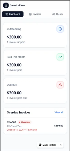 Bolt.new invoice tracker test app on a phone preview with outstanding, paid this month and overdue totals (test data)