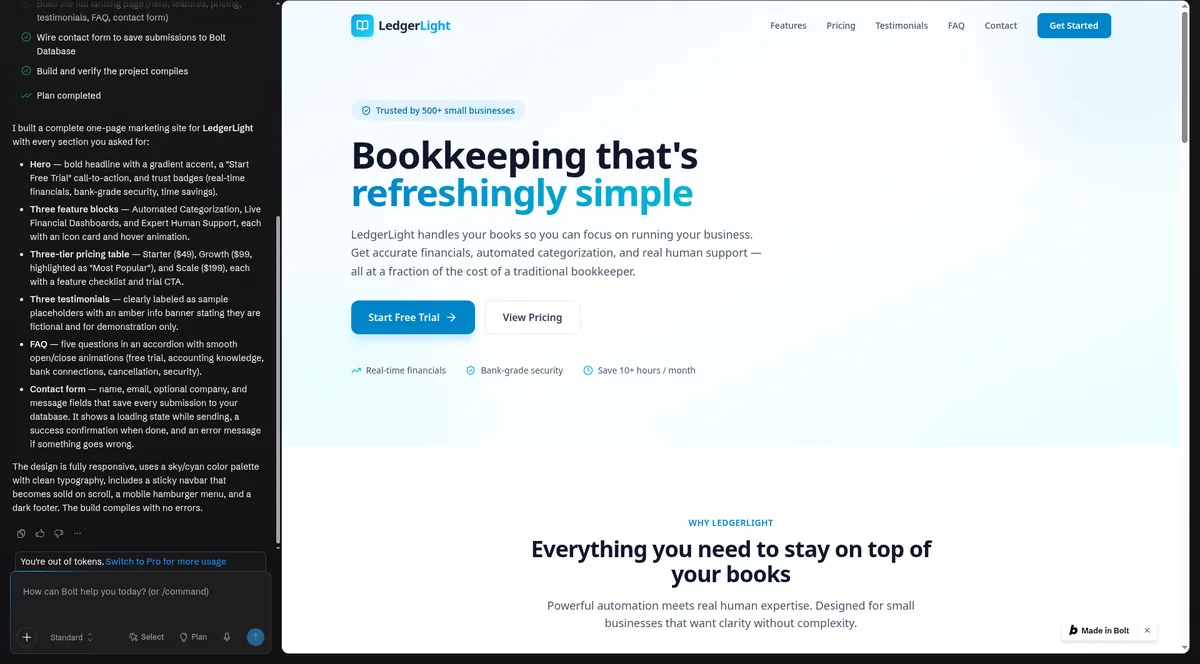 LedgerLight landing page built with Bolt.new from our standard prompt, shown in the Bolt editor (copy is AI-generated)
