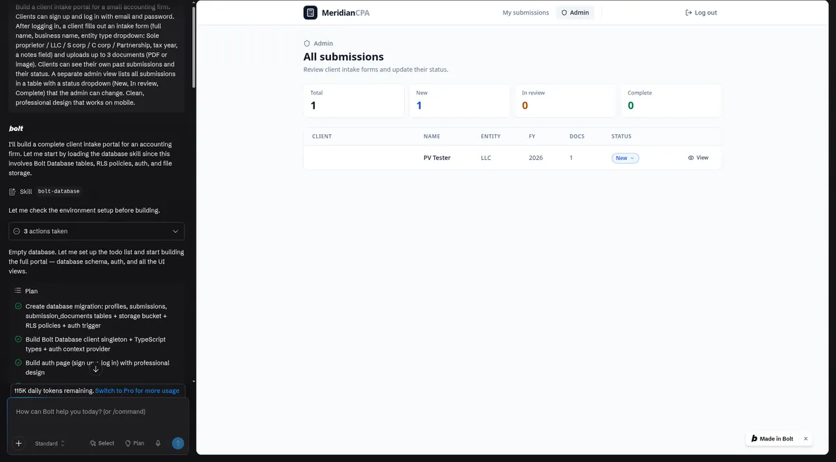 Admin view of the Bolt-built client intake portal listing one submission with status counts (test data)
