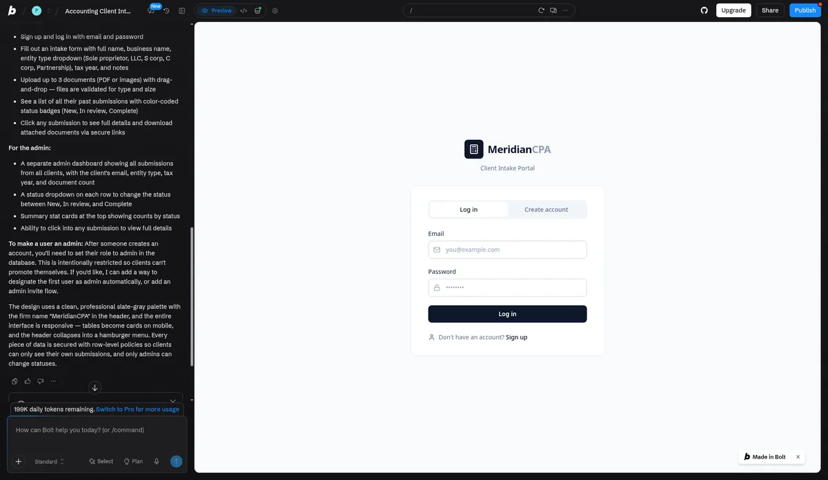 Bolt.new editor after building the client intake portal: the chat explains how to make a user an admin, and the preview shows the portal's login screen (test app)