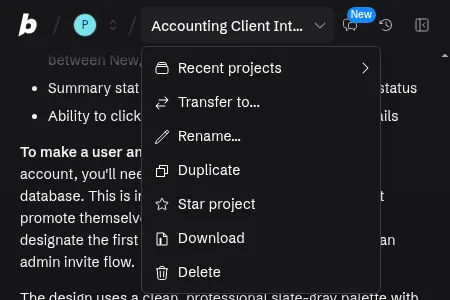 Bolt.new project menu with the Download option for exporting a project as a ZIP file