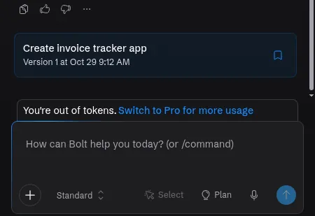 Bolt.new chat showing the message You're out of tokens. Switch to Pro for more usage