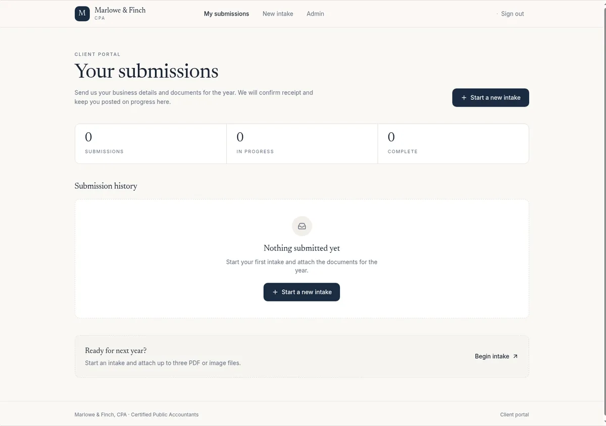 Client portal built by Base44 from our prompt: Your submissions page with Start a new intake button and a note about attaching up to three PDF or image files (fake test firm)