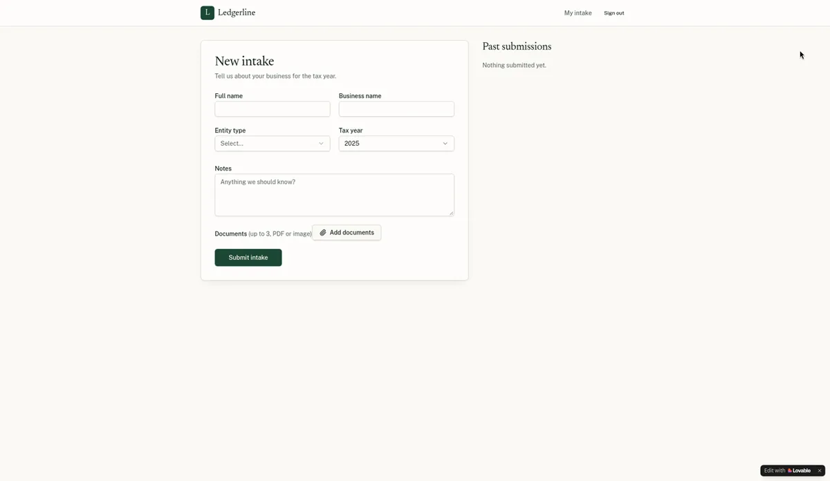 Lovable test portal signed in as a separate non-admin client: intake form, no Admin link