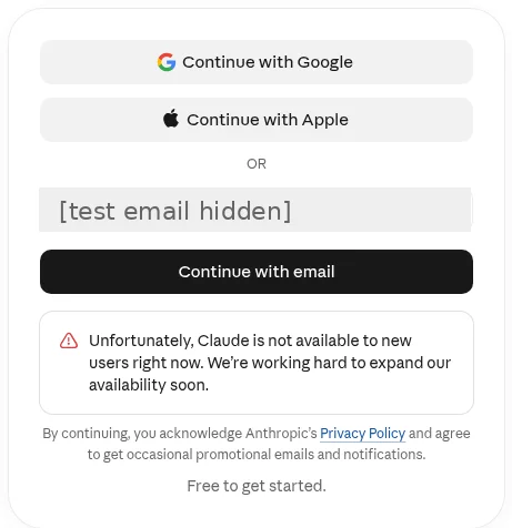 Claude sign-up form at claude.ai/login showing the message: Unfortunately, Claude is not available to new users right now (test email hidden)