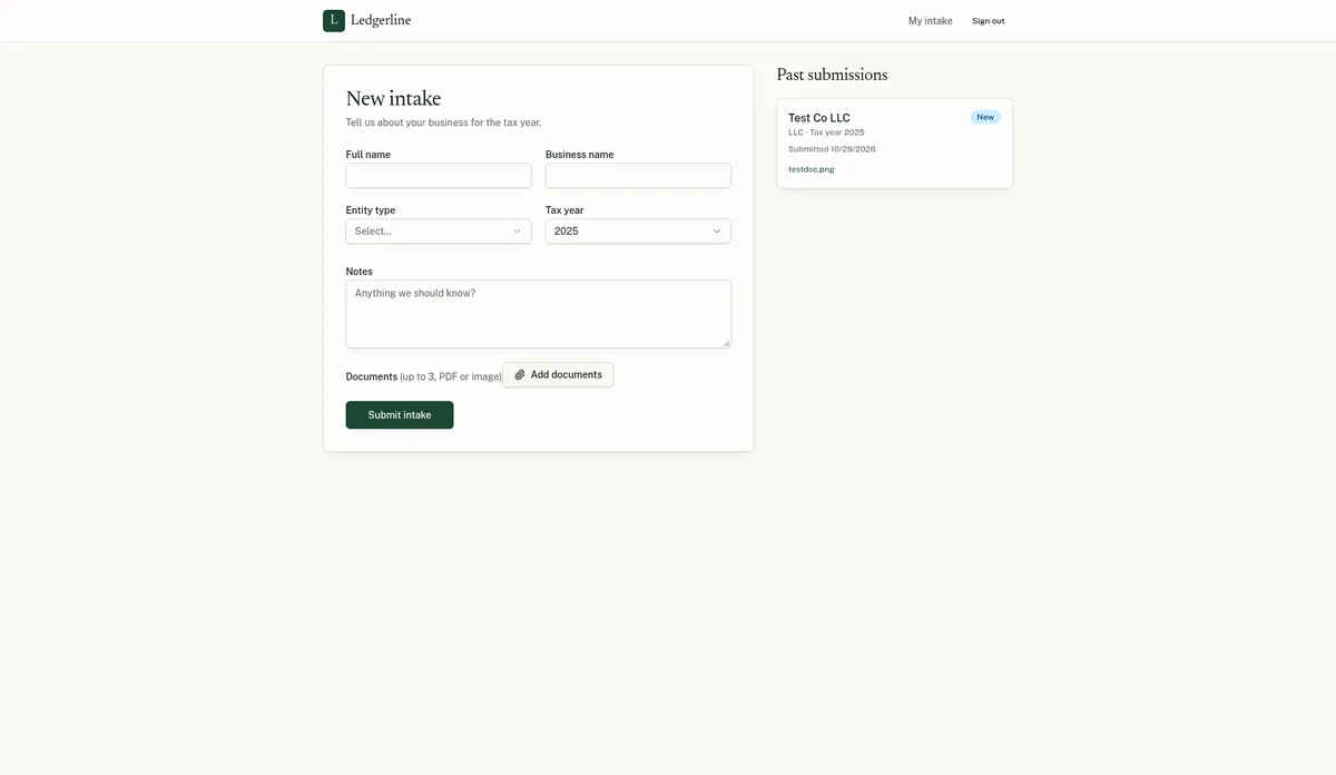 Lovable review test: client intake portal with a new intake form and a past submissions list (fake data)