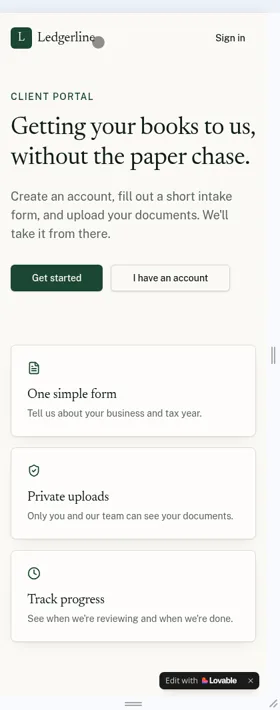Lovable-built client portal welcome screen at a 400px phone width