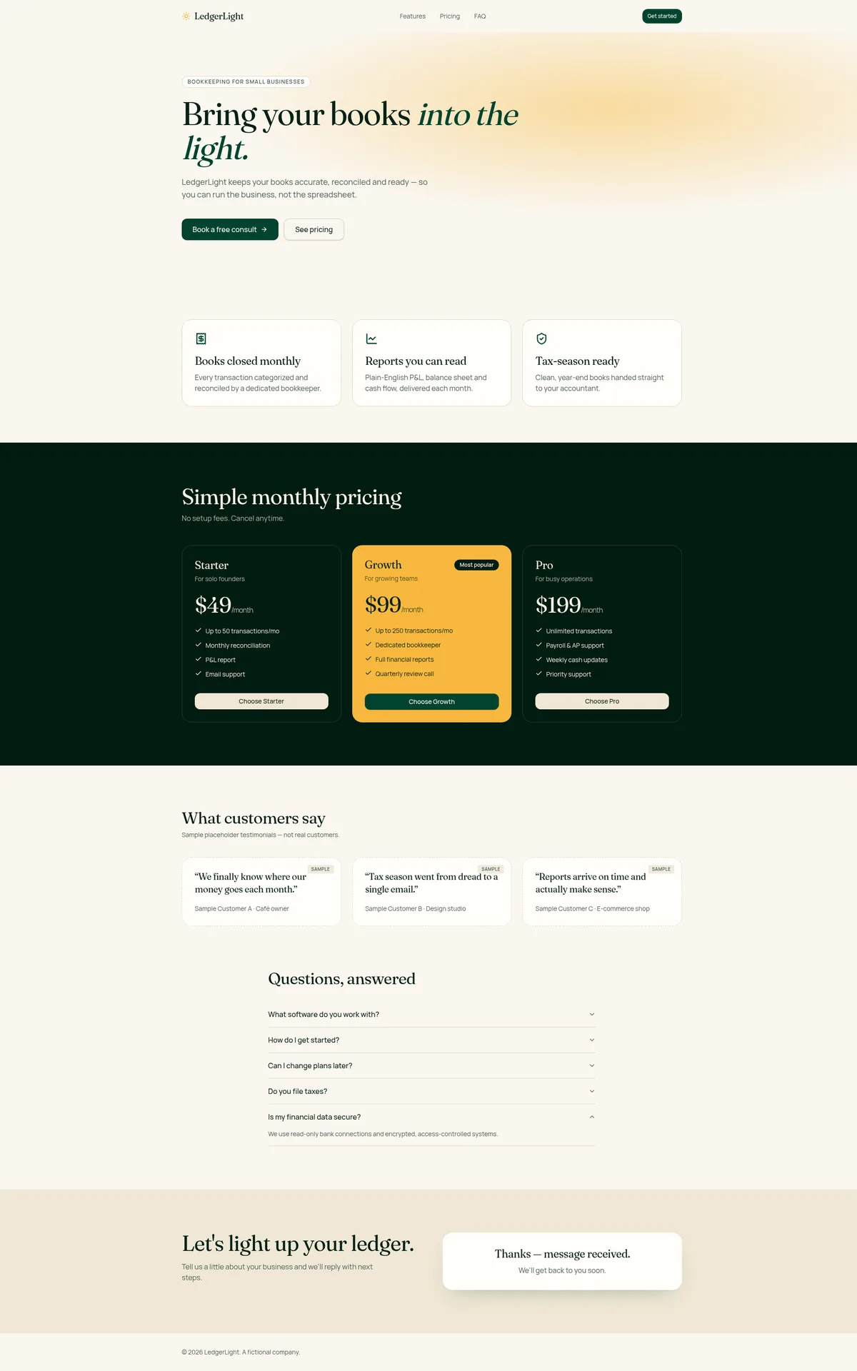 LedgerLight landing page built in Lovable from our standard prompt (full desktop page)