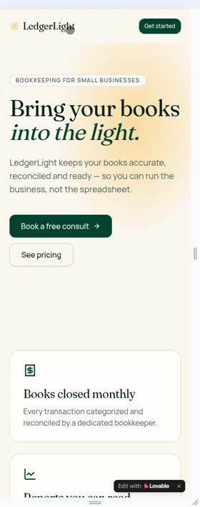 LedgerLight landing page built in Lovable at a 400px phone width