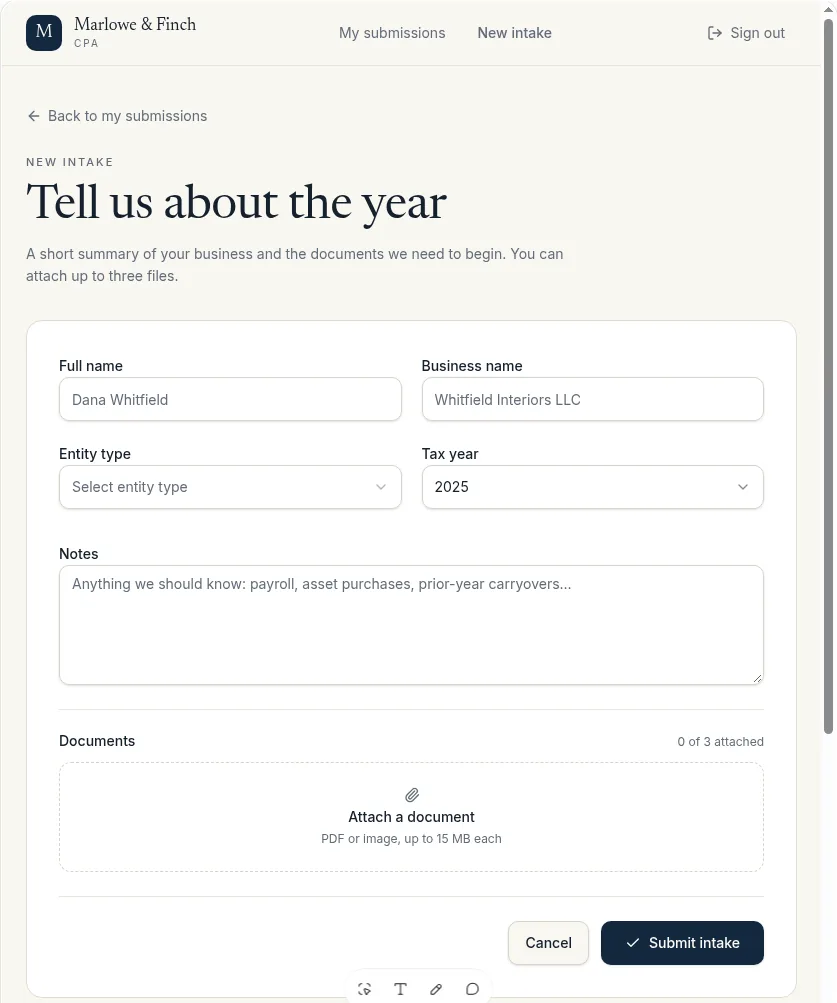 Imported Base44 intake form in Lovable at a narrow width with full name, business name, entity type, tax year, notes and a 0 of 3 documents area