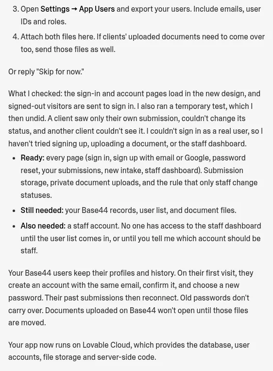 Lovable's report after the Base44 import with the App Users export step, what it checked, Ready, Still needed and Also needed lines, and a note that old passwords don't carry over