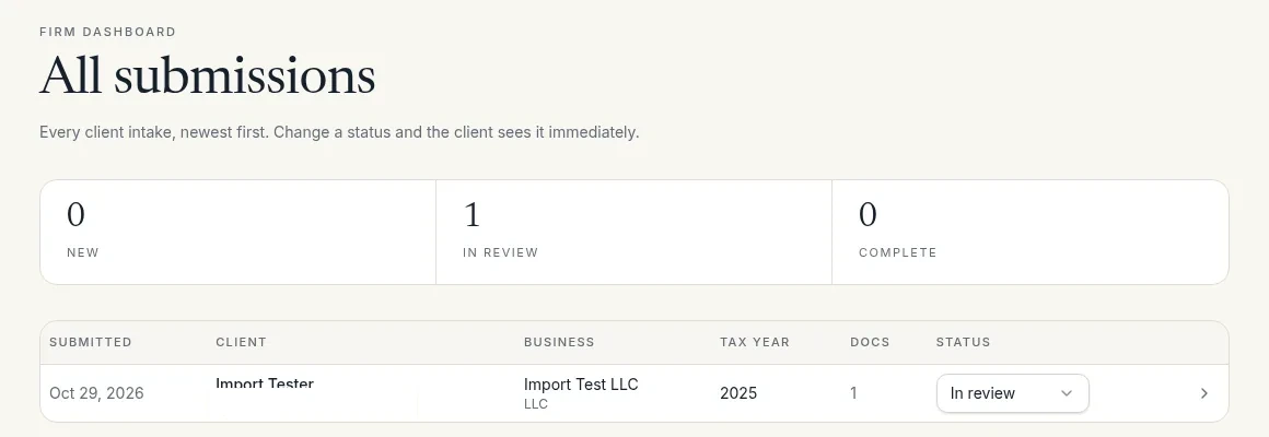 Imported Base44 portal in Lovable: Firm dashboard All submissions with one test submission set to In review (test data, email removed)