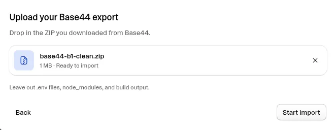 Lovable Upload your Base44 export dialog with a 1 MB Base44 ZIP marked Ready to import and a Start import button