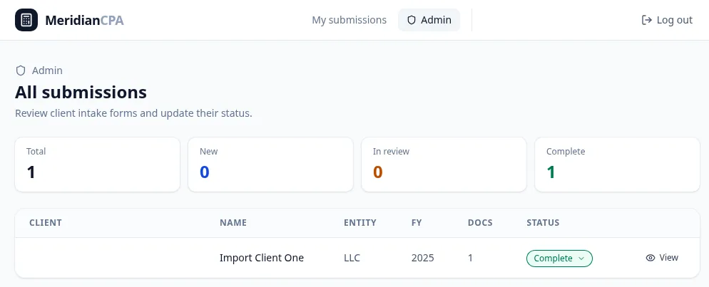 Imported Bolt intake portal running in Lovable: admin All submissions page with totals and one test submission marked Complete (test data, email removed)