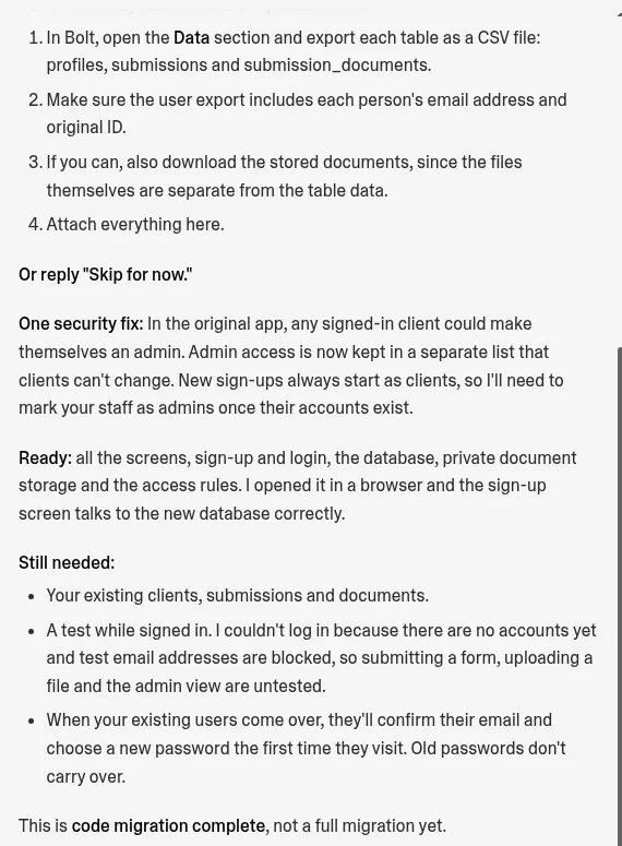 Lovable's end-of-import report for the Bolt app listing data export steps, a security fix, Ready and Still needed items, and the line This is code migration complete, not a full migration yet