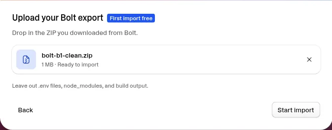 Lovable Upload your Bolt export dialog showing a cleaned 1 MB Bolt ZIP marked Ready to import, with the First import free badge