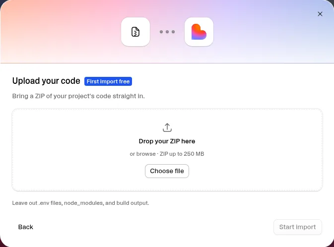 Lovable Upload your code dialog with a First import free badge, a ZIP drop zone up to 250 MB and the note Leave out .env files, node_modules, and build output