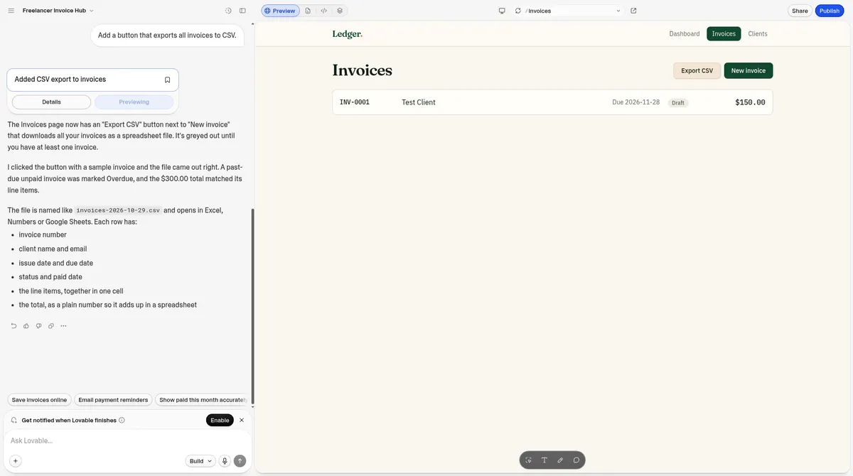 Lovable Build mode after adding an Export CSV button to the test invoice tracker (cost 1.5 credits in our test)