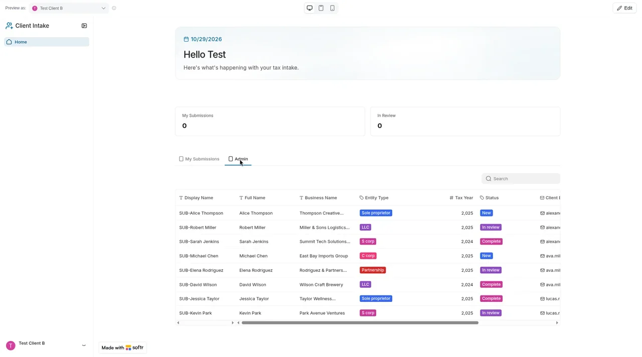 Softr-built client intake portal on the Basic plan, previewed as a non-admin test client, with an Admin tab listing every submission (sample data)