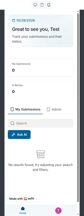 Softr-built client intake portal at a 375px phone width, showing the client home page with My Submissions and Admin tabs (test account)