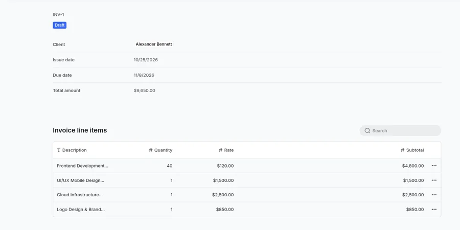 Invoice detail page in the Softr-built invoice tracker: sample invoice with four line items and a $9,650.00 total, no add or edit buttons in preview