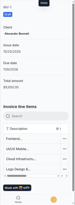 Softr invoice tracker test app at a 375px phone width showing an invoice and its line items table