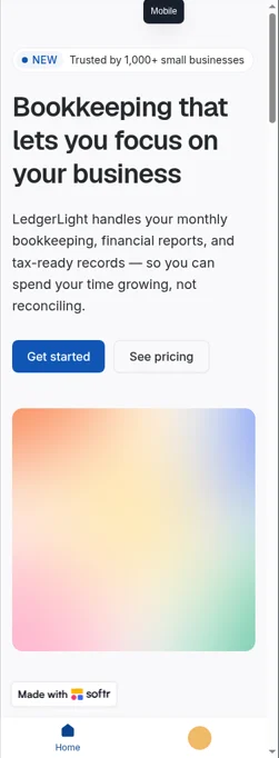 LedgerLight landing page built in Softr at a 375px phone width, with an AI-written Trusted by 1,000+ small businesses badge