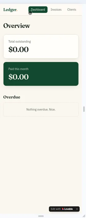 Lovable invoice tracker at phone width showing $0.00 because its data was saved in the browser, not a database