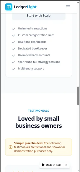 LedgerLight bookkeeping landing page built with Bolt.new on the free plan, shown on a phone preview with testimonials marked as sample placeholders